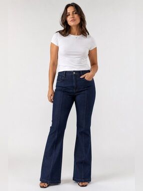 MNG Denim Dark Wash Pintuck Flare Jeans 100% Cotton Size 8